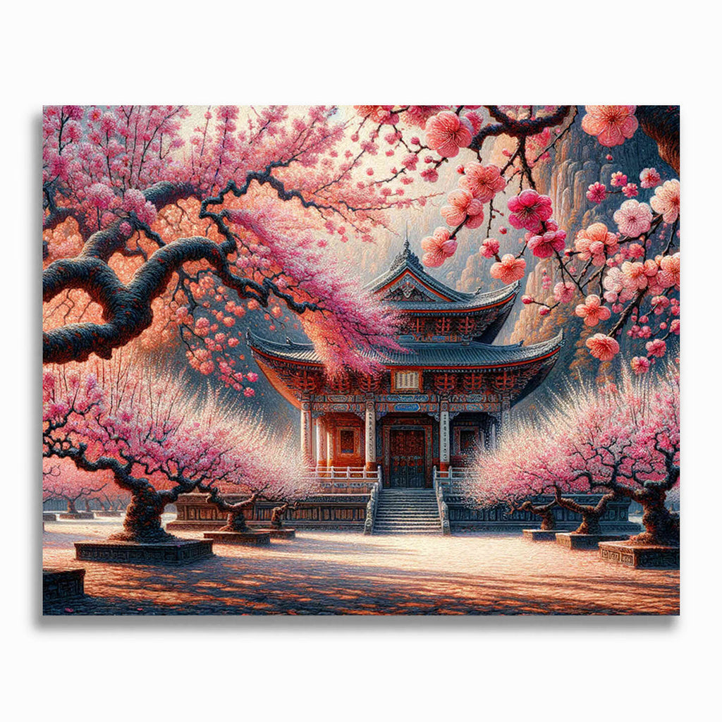 Haus umgeben von Pfirsichbaumblüten – Malen nach Zahlen