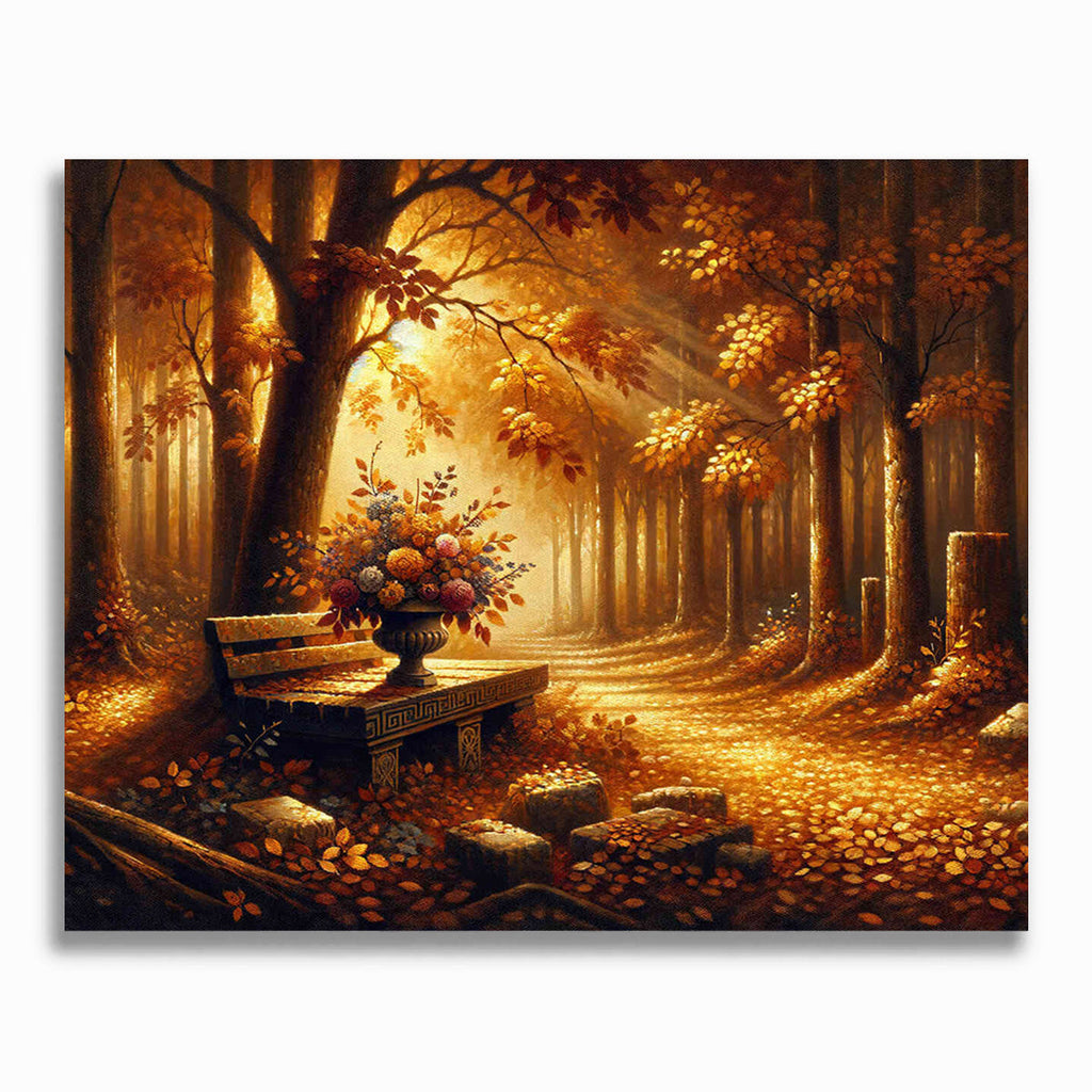Herbst, Bank im Wald – Malen nach Zahlen