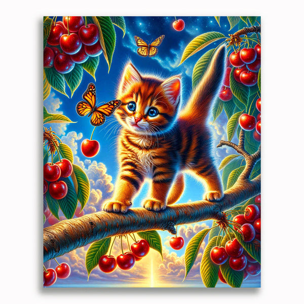 Katze auf Baum, Kirschen – Malen nach Zahlen
