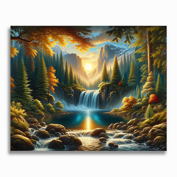 Malen nach Zahlen - Berge und Wasserfall im Wald