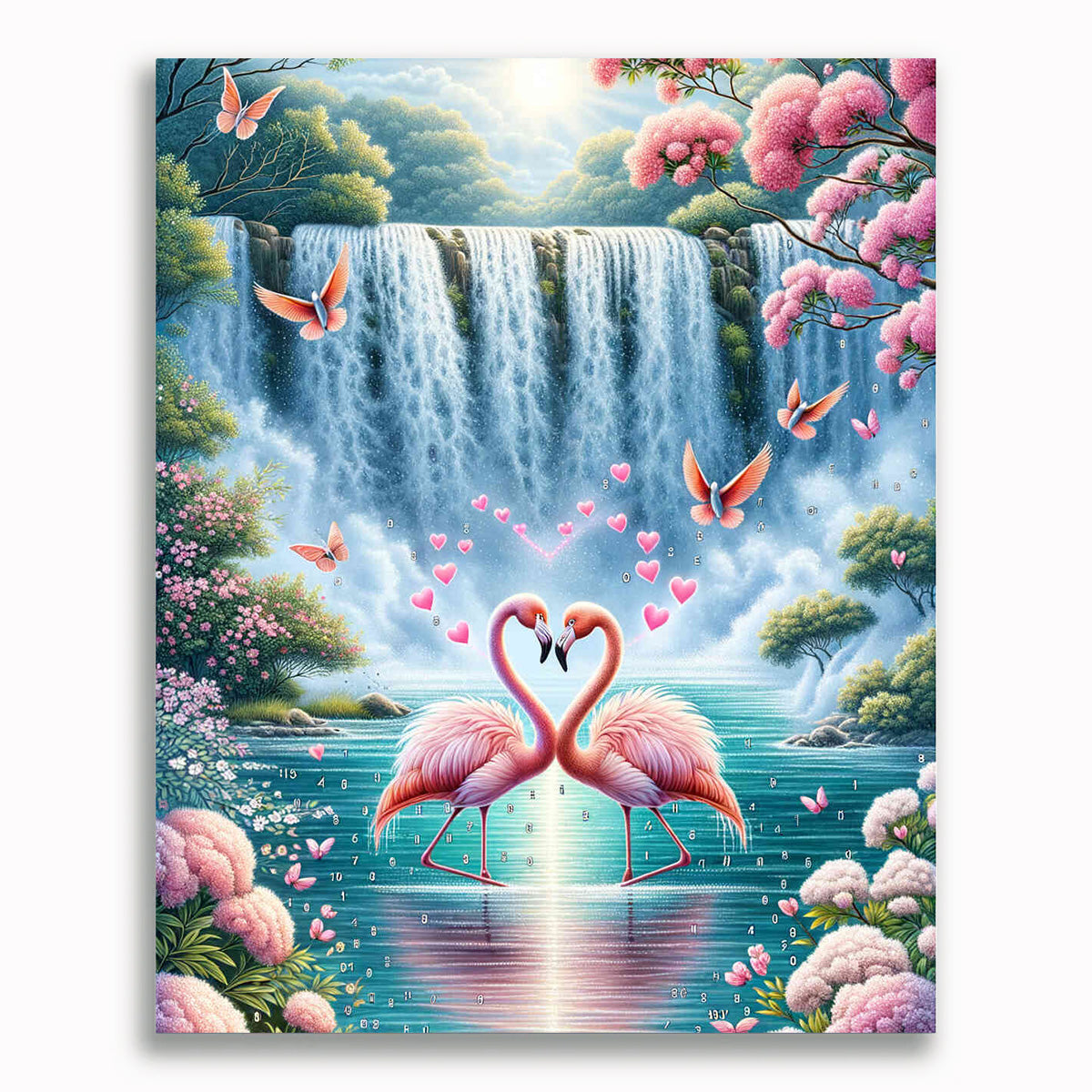 Malen nach Zahlen - Flamingo Herz Wasserfall