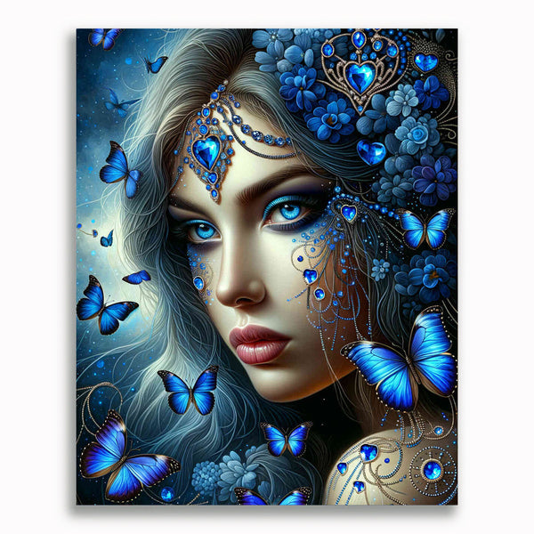 Malen nach Zahlen - Frau, blaue Schmetterlinge
