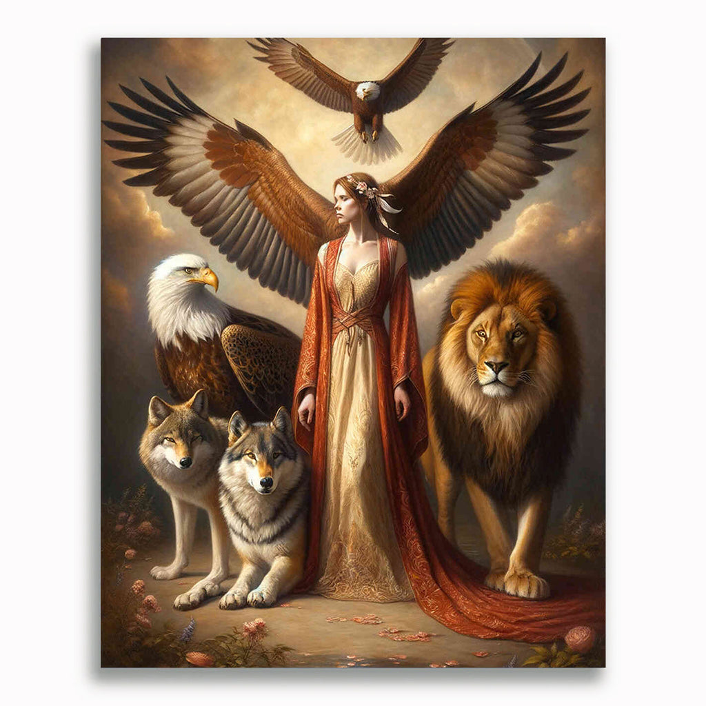 Malen nach Zahlen - Frau mit Tiger Wolf und Löwe