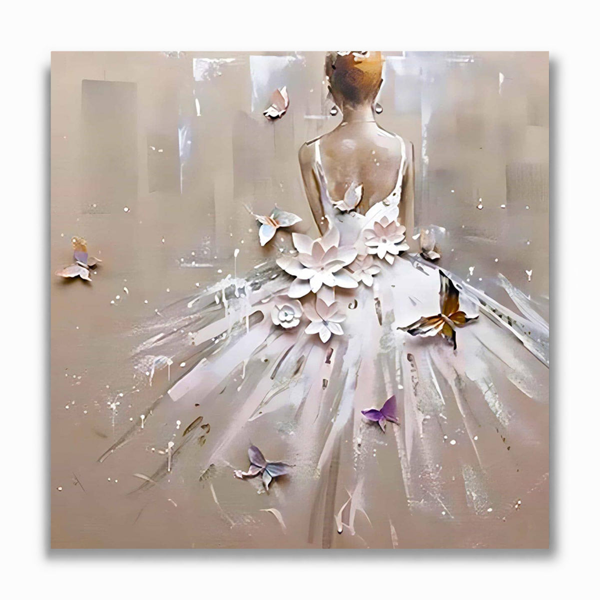 Malen nach Zahlen - Frau mit weißem Kleid, Schmetterlinge und Blumen