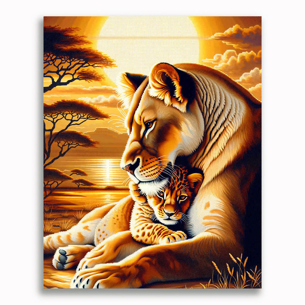 Malen nach Zahlen - Löwin mit Kind, schmust