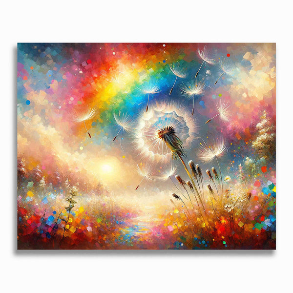 Malen nach Zahlen - Pusteblume vor Regenbogenhintergrund