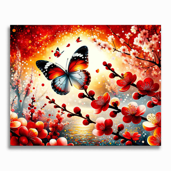 Malen nach Zahlen - Schmetterling, rote Blumen