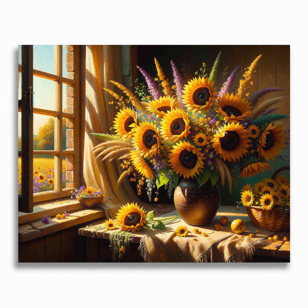Malen nach Zahlen - Sonnenblumenstrauß am Fenster