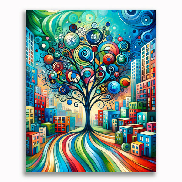 Malen nach Zahlen - Stadt um Baum abstrakt