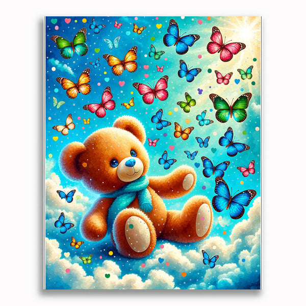 Malen nach Zahlen - Teddy umgeben von Schmetterlingen