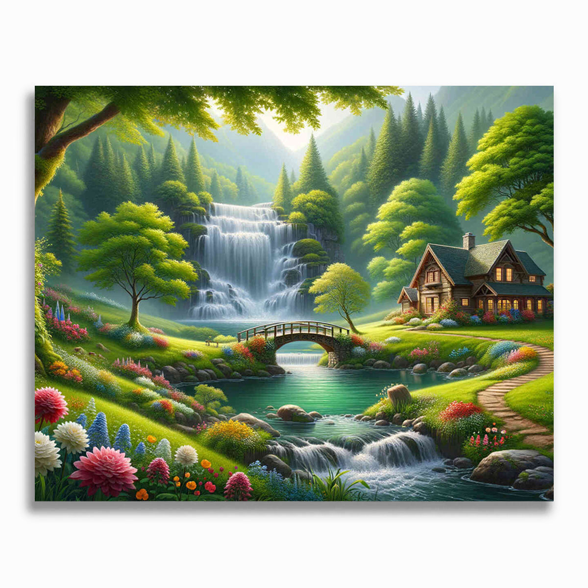Malen nach Zahlen - Wasserfall, Brücke zu Häuschen