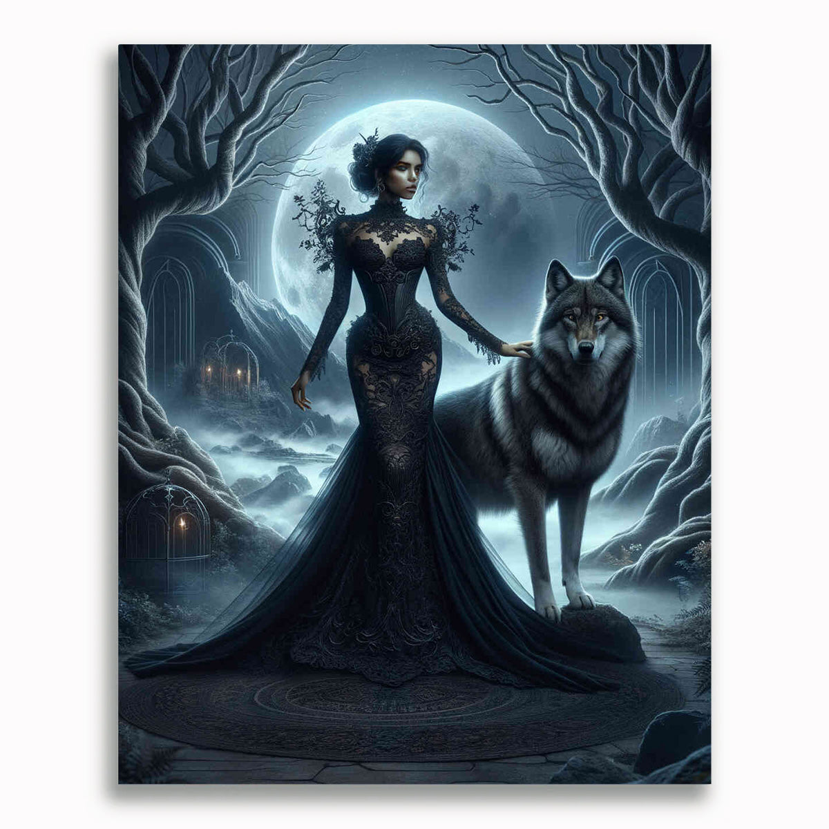 Malen nach Zahlen - Wolf mit Frau in schwarz