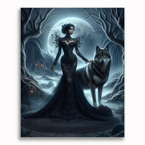 Malen nach Zahlen - Wolf mit Frau in schwarz