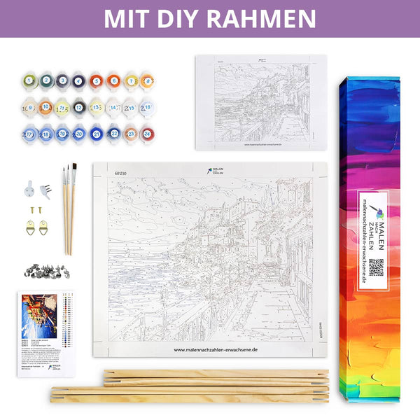 Malen nach Zahlen Kit Mediterranes Farbenspiel mit DIY Rahmen, Farbe, Pinsel und Anleitung