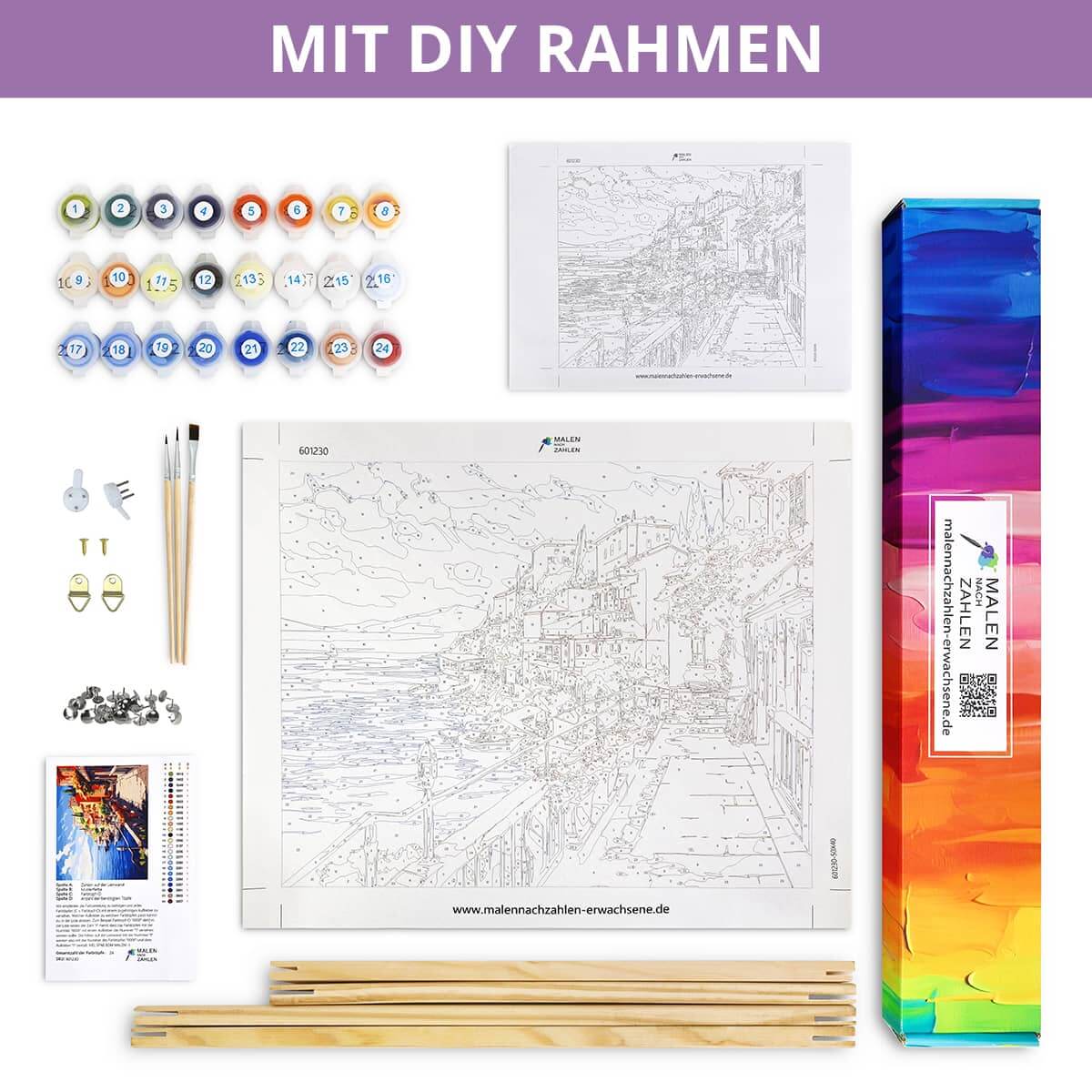 Malen nach Zahlen Kit "Lavendeltraum am Horizont" mit DIY Rahmen, Farben, Pinseln und Anleitung für modernes impressionistisches Kunstwerk.