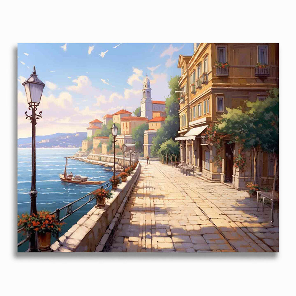 Malen nach Zahlen - Mediterrane Morgentraum, Uferpromenade