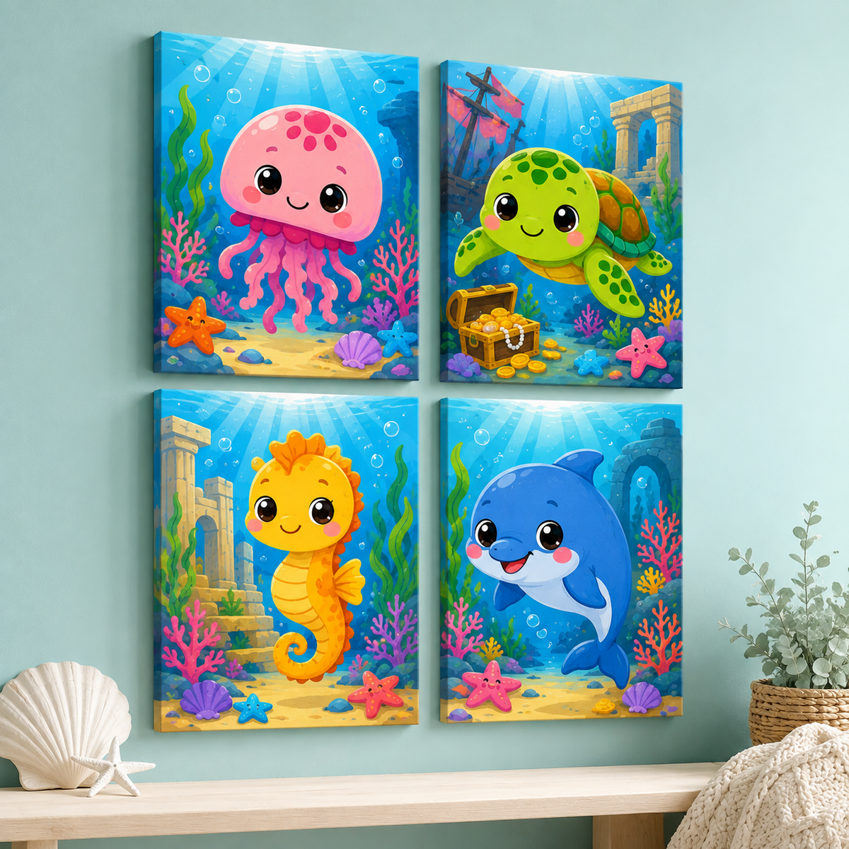 Freunde im Meer 4er SET - Mini Malen nach Zahlen