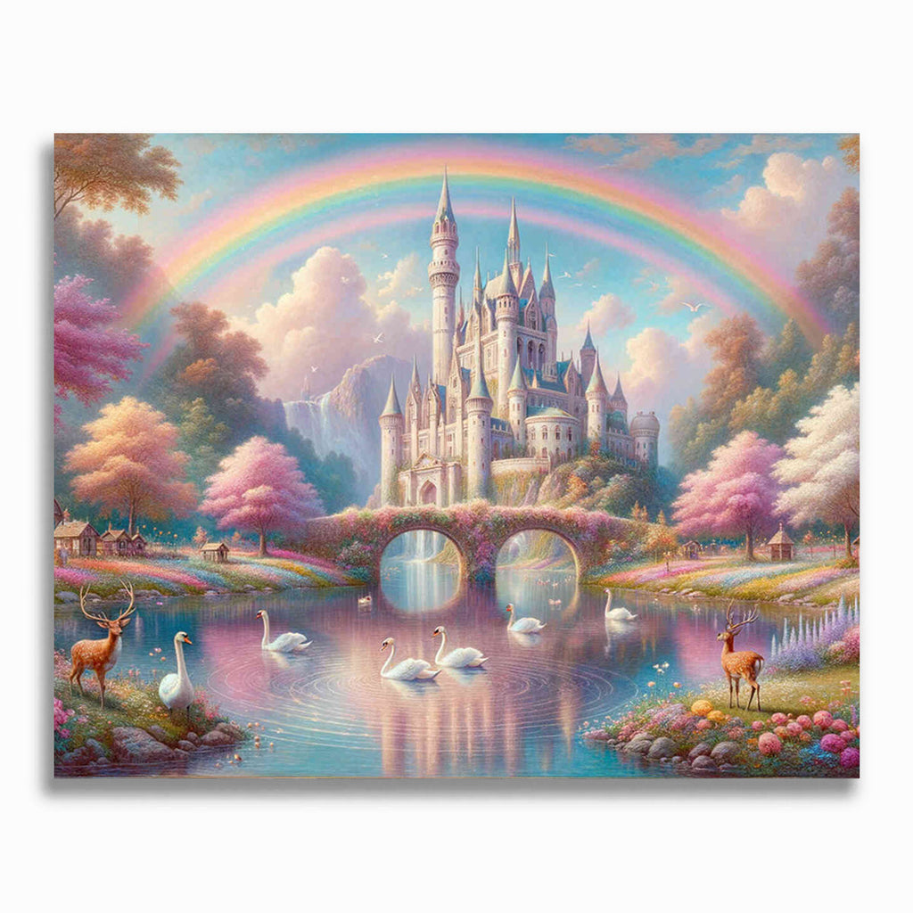 Schloss unter einem Regenbogen – Malen nach Zahlen