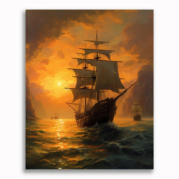 Segelschiffe, Abendrot - Malen nach Zahlen