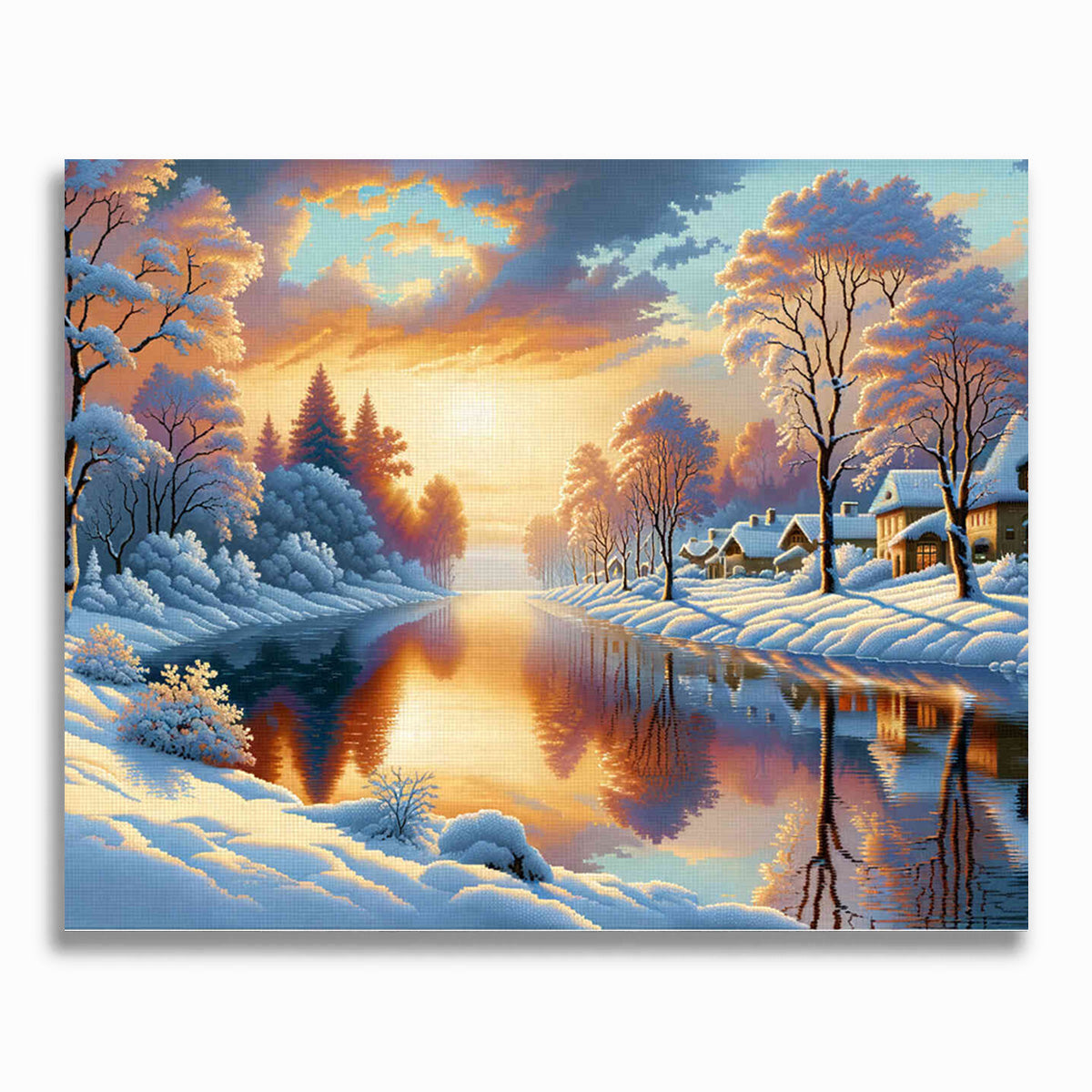 Sonnenaufgang, Schneedorf – Malen nach Zahlen