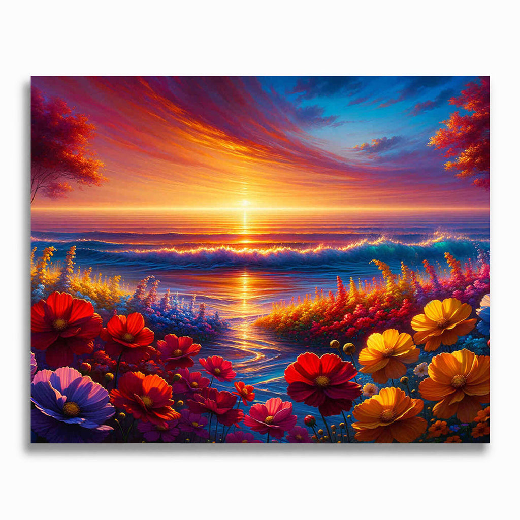 Sonnenuntergang, Meer mit Blumen – Malen nach Zahlen