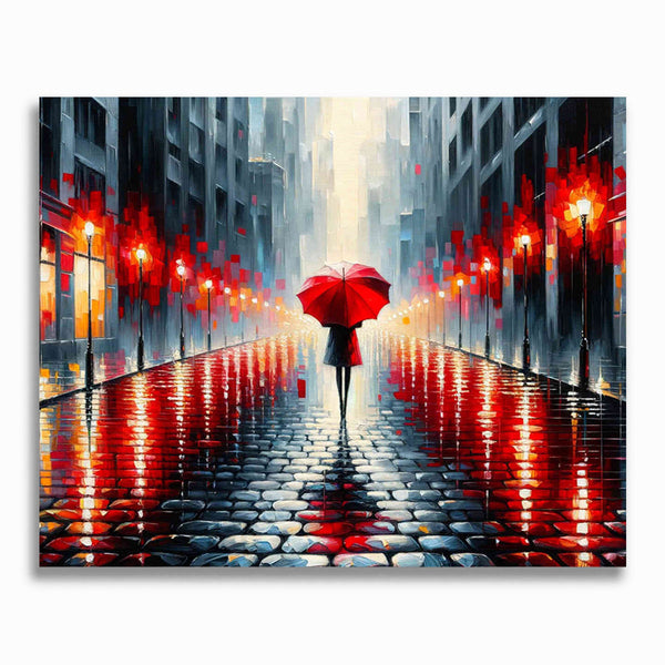 Stadt, roter Regenschirm – Malen nach Zahlen