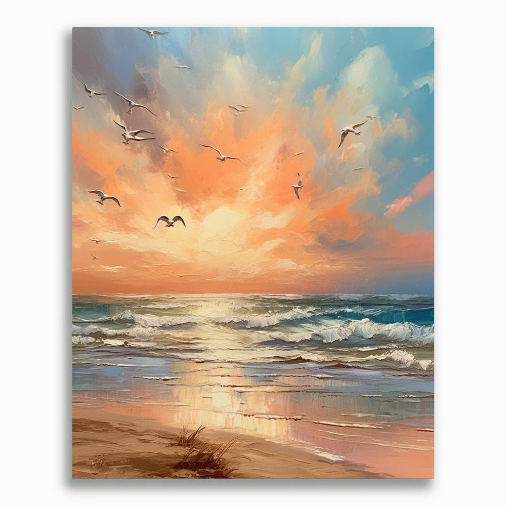 Strand, Meer mit Möwen – Malen nach Zahlen