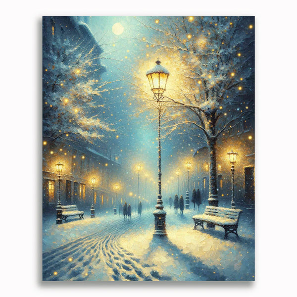 Verschneite Stadtlaterne – Malen nach Zahlen