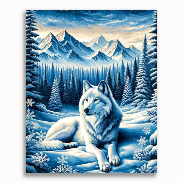 Wolf, Schnee mit Bergen – Malen nach Zahlen