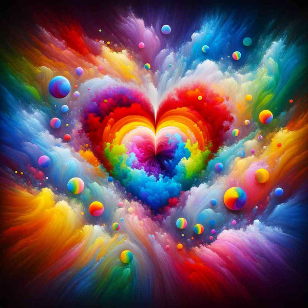 Abstract Love painting by numbers featuring a colorful heart surrounded by vibrant, swirling clouds and floating spheres.
