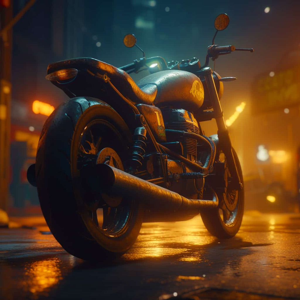 Vintage motorcycle parked on wet city street at night, illuminated by street lights and neon signs.