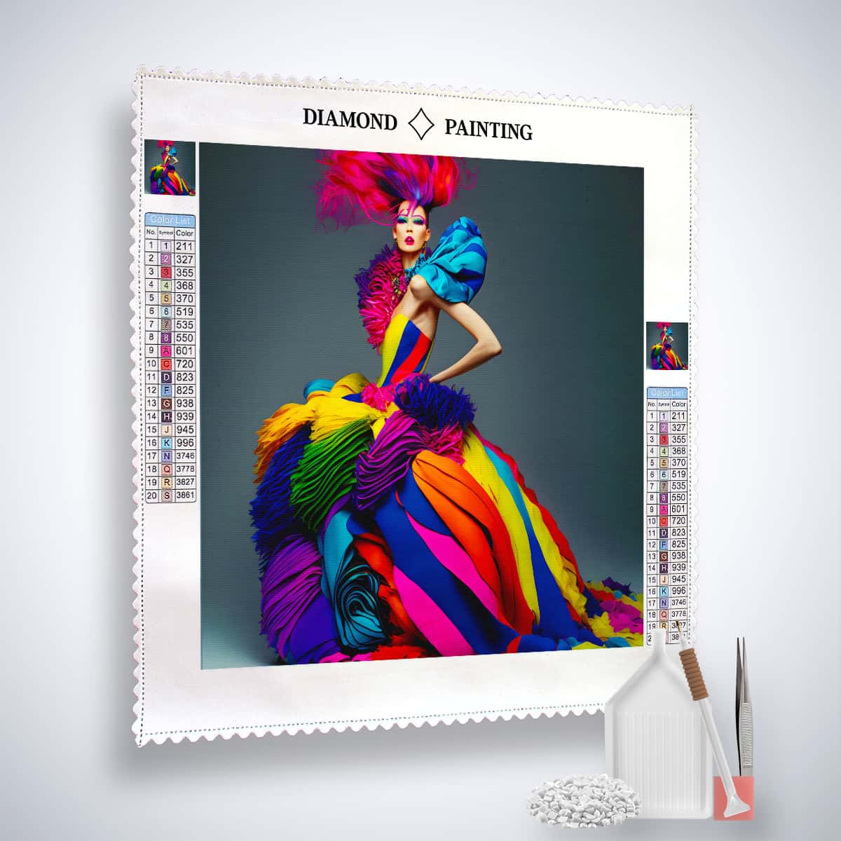 Diamond Painting Kit of Woman with Colorful Dress, Complete Set Including Canvas, Acrylic Diamonds, Tweezers, and Setting Tools