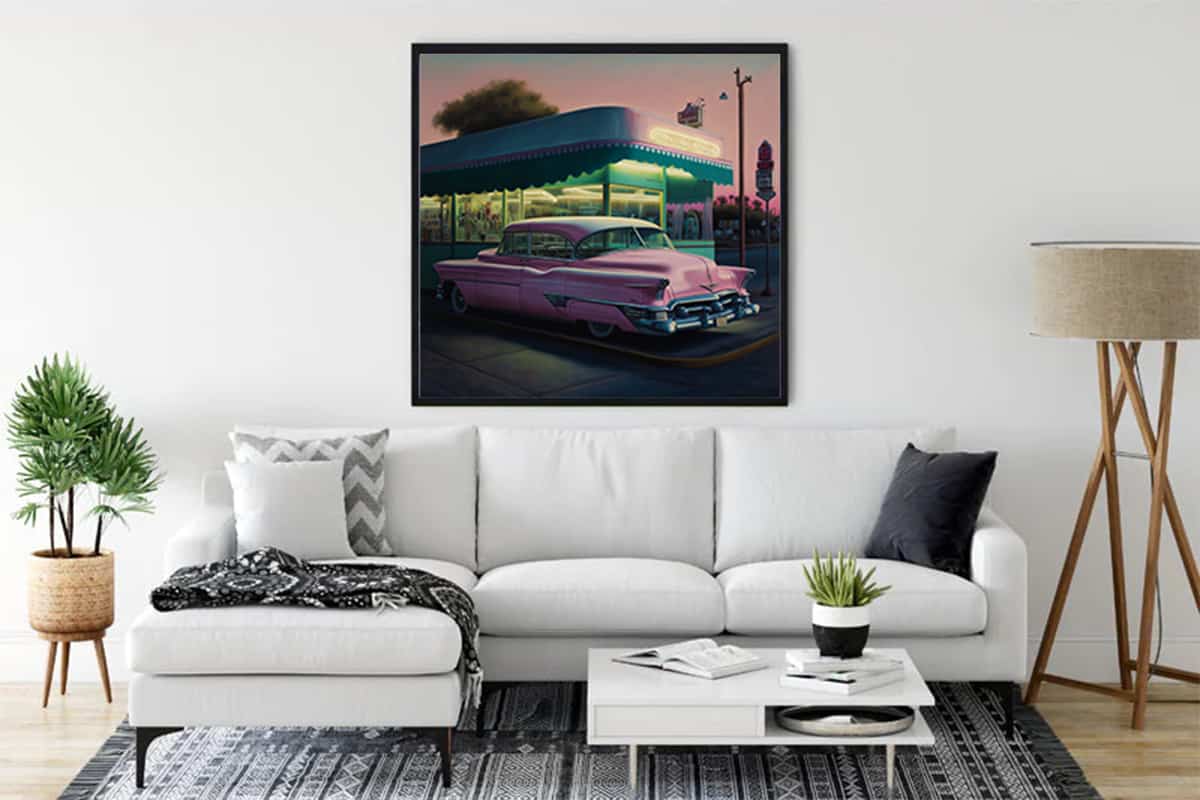 "Painting of a nostalgic pink classic car at a retro gas station, displayed in a modern living room"