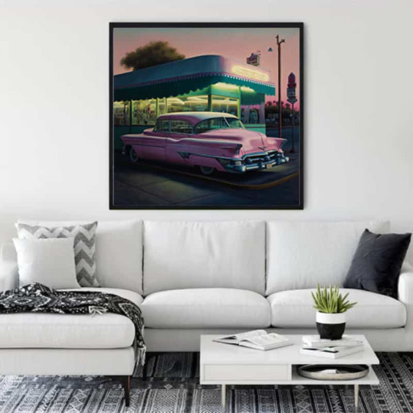 "Painting of a nostalgic pink classic car at a retro gas station, displayed in a modern living room"