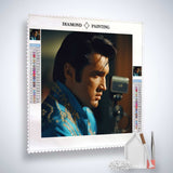 Diamond Painting Kit featuring Elvis profile, premium canvas, acrylic diamonds, tweezers, setting pen, and applicator tools.
