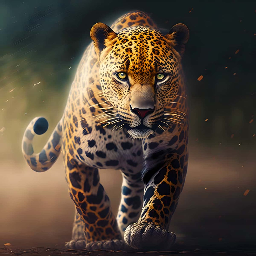 Diamond painting kits artwork featuring a majestic leopard prowling forward with intense gaze and detailed spots.