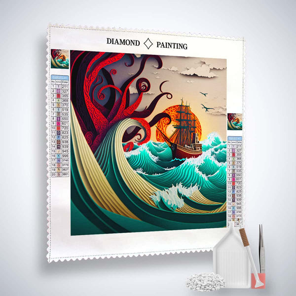 Diamond Painting Kit - Raue See Paperart featuring a ship battling waves and a sea monster, includes canvas, acrylic diamonds, tweezers, and setzstift.
