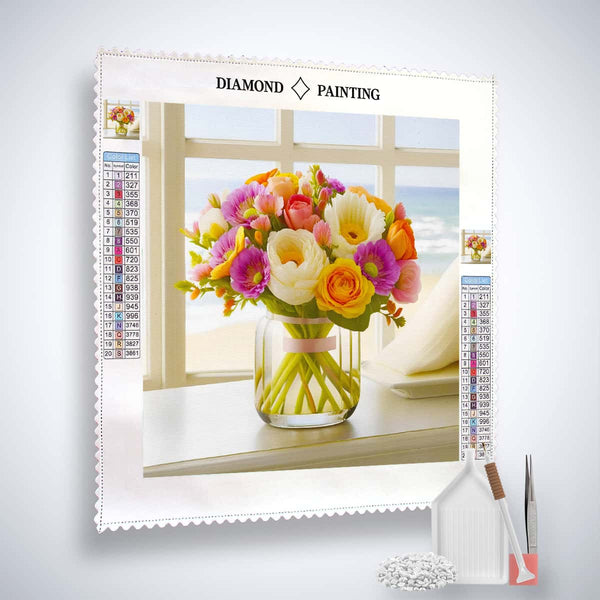 Diamond Painting Kit - Flower Arrangement by the Beach with Canvas, Acrylic Diamonds, Tweezers, and Setzing Pen