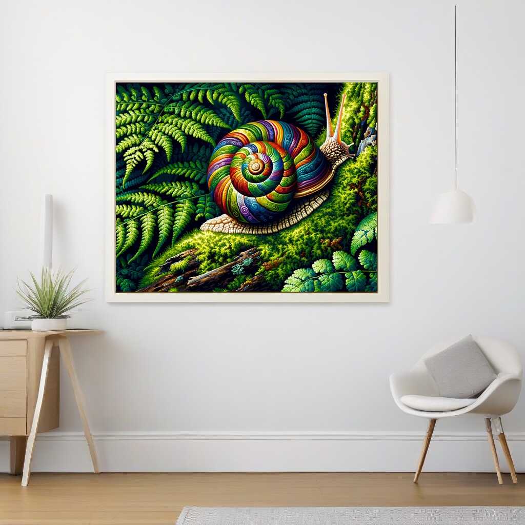 Malen nach Zahlen - Waldschnecke Bild mit bunter Schnecke in moosbedecktem Wald, Realismus-Stil, Wohnzimmer Dekor