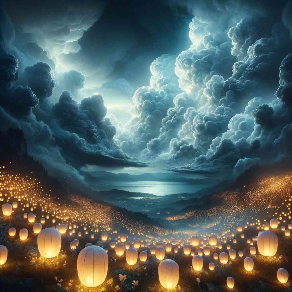 Illuminated lanterns in a dreamy landscape under a dramatic cloudy sky - Malen nach Zahlen - Lichterfest der Träume.