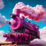 AB Diamond Painting - Pinker Fantasyzug Dampflok mit rosa Rauch und klarem Himmel im Hintergrund