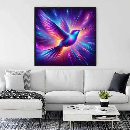 Diamond painting of vibrant Kolibri with purples, pinks, and blues above modern white sofa in living room.