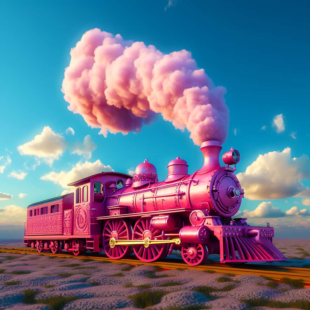 Pink locomotive diamond painting fantasy train with clouds in the sky.