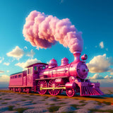 Pink locomotive diamond painting fantasy train with clouds in the sky.