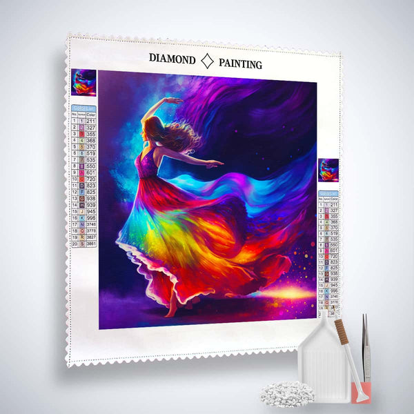 Diamond Painting Kit Farbspiele with colorful artwork of a dancing woman, acrylic diamonds, tweezers, and setting pen tools.