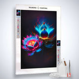 Diamond Painting Kit - Blumenkonzert, featuring vibrant floral artwork, acrylic diamonds, artist's tweezers, and professional tools.