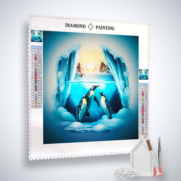 Diamond Painting Kit featuring underwater penguins in an icy landscape with tools included