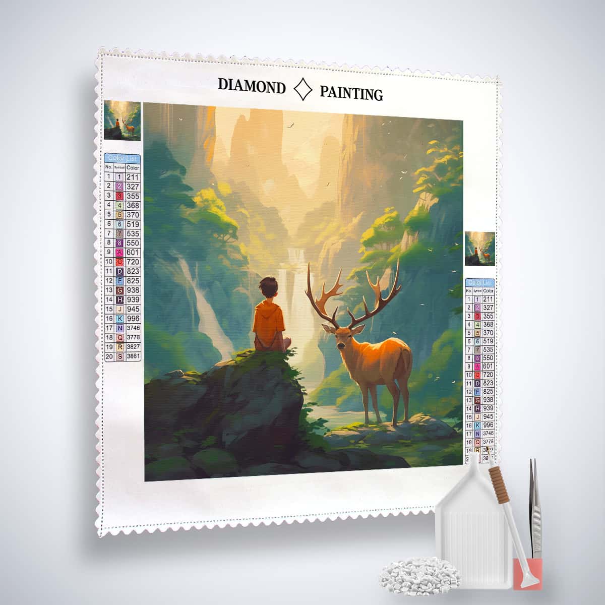 Diamond Painting Kit - Junge mit Hirsch im Wald auf Leinwand mit Acryl-Diamanten und Künstler-Werkzeugen