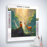 Diamond Painting Kit - Junge mit Hirsch im Wald auf Leinwand mit Acryl-Diamanten und Künstler-Werkzeugen