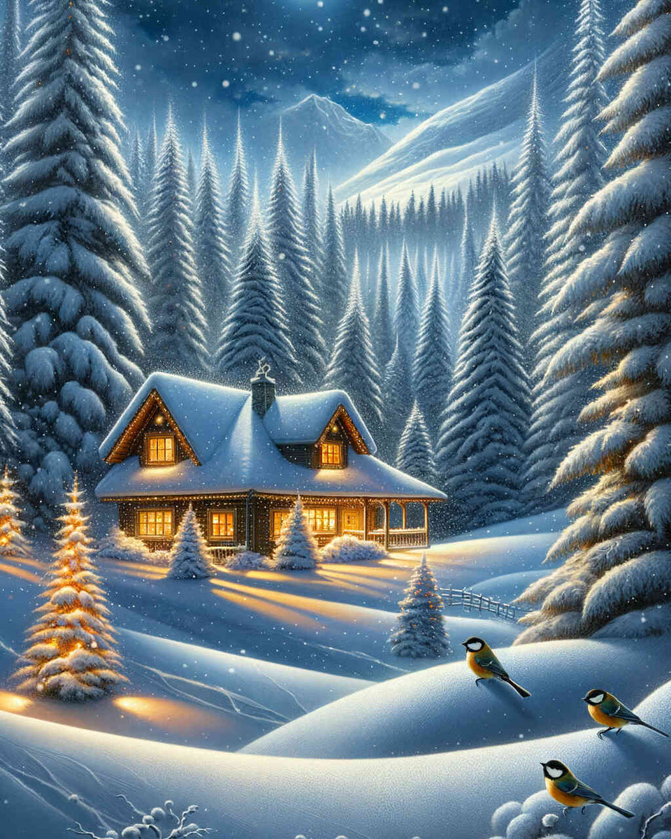 Malen nach Zahlen - Haus in verschneiten Tannen